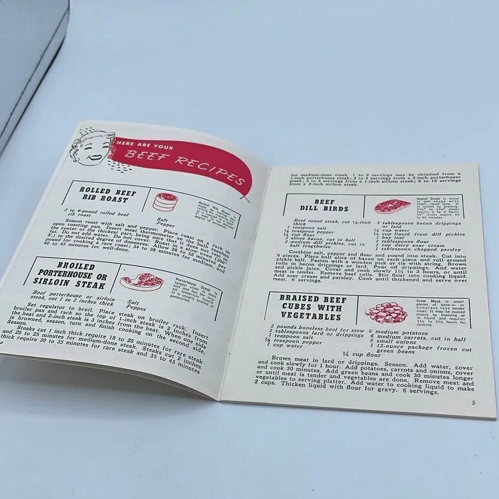 Meet recipes to please ! Vintage ephemeral Small cookbook with menus. 1954-55